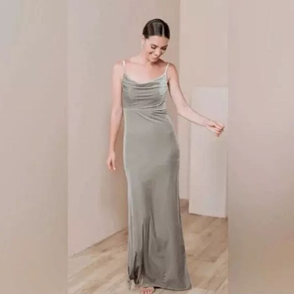 Revelry Maxi Dress sz 4 Green Gray Sleeveless Skye Velvet Bridesmaid Gown Small - Picture 1 of 12